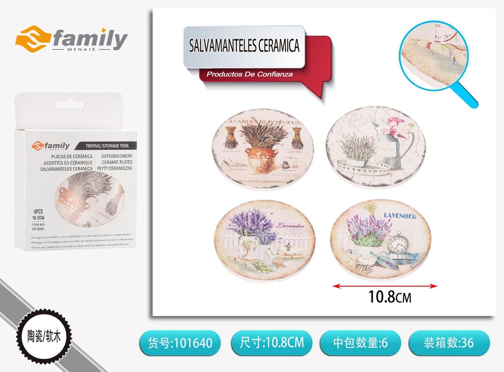 Salvamanteles cerámica redondo 10.8cm (Lavanda) 4pc - Accesorios de cocina