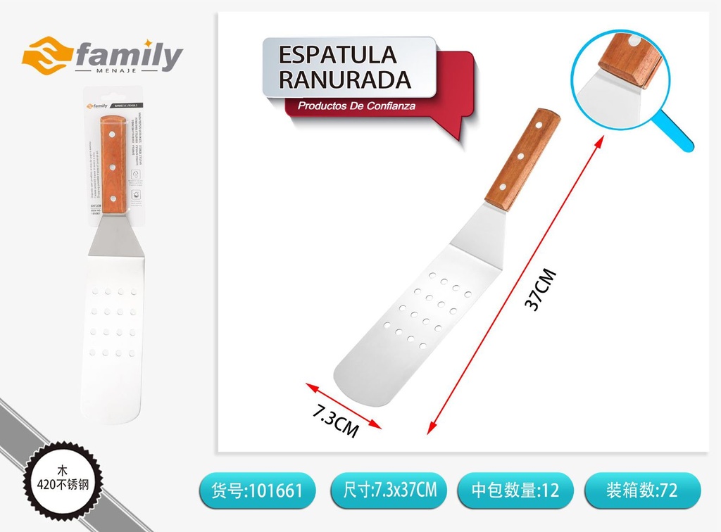 Espátula ranurada para grill 27x6cm de madera de roble para barbacoa y cocina