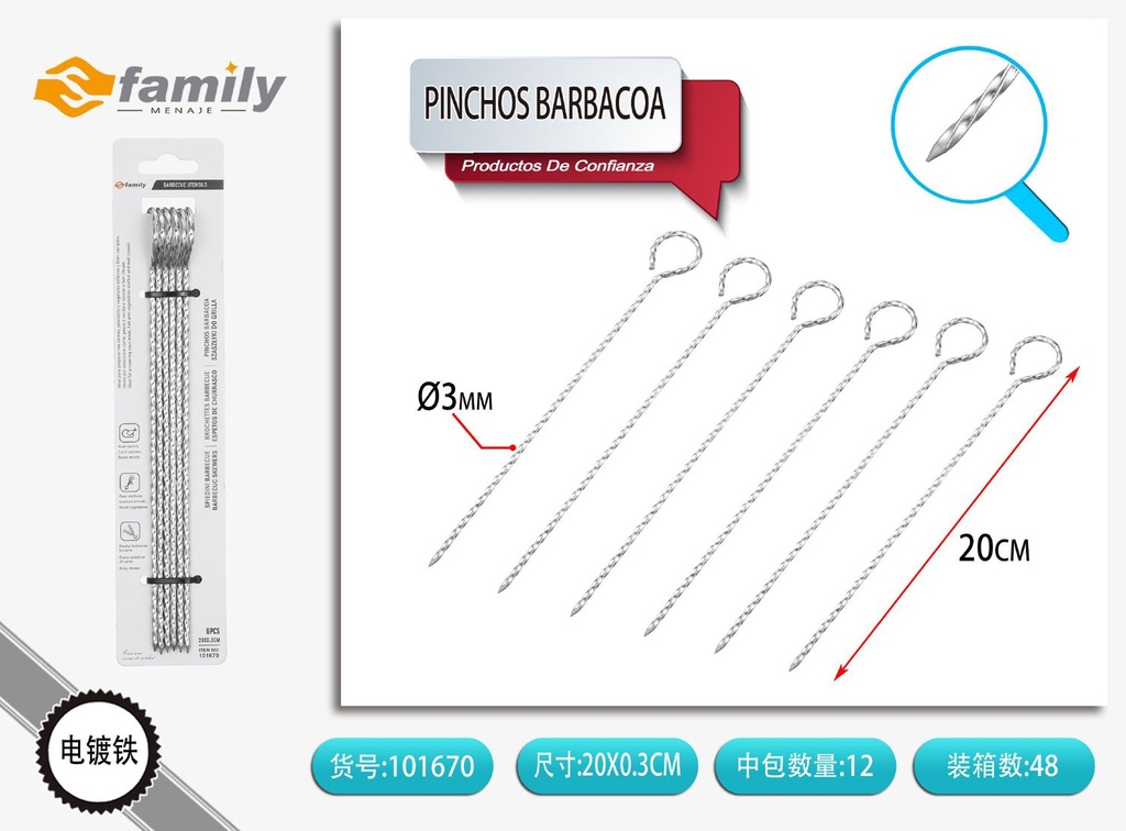 Pinchos de barbacoa de tornillo 20 cm 6 piezas - Utensilios de barbacoa