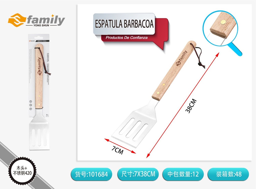 Espátula ranurada para barbacoa 38cm de madera y acero