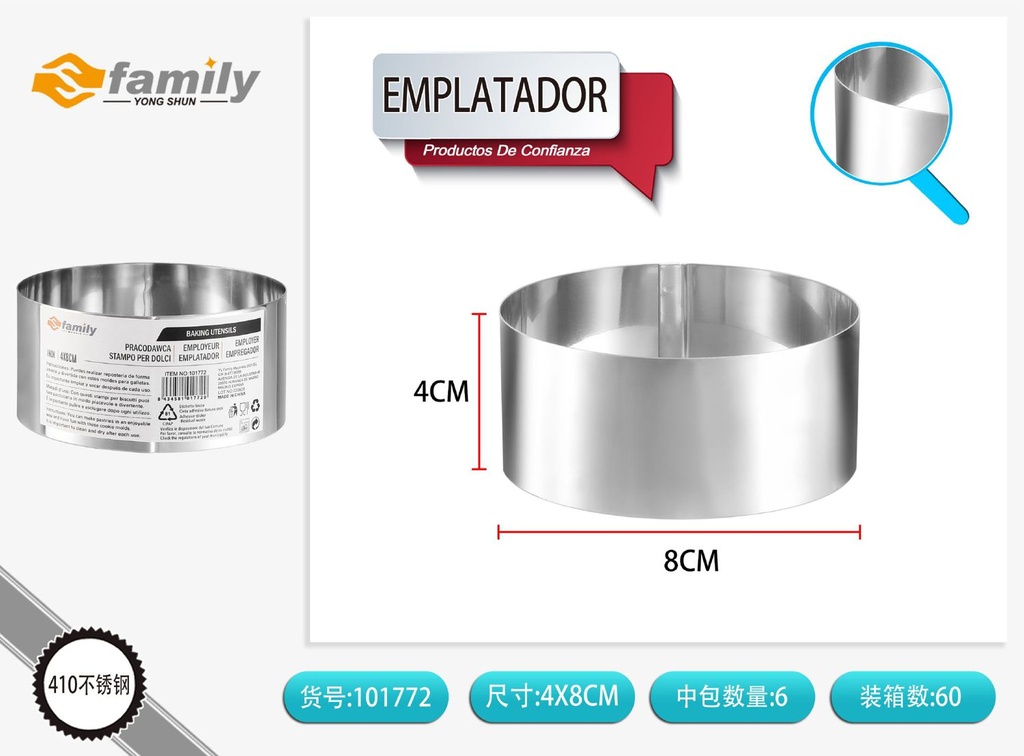 Emplatador redondo para pasteles 4x8cm de acero inoxidable