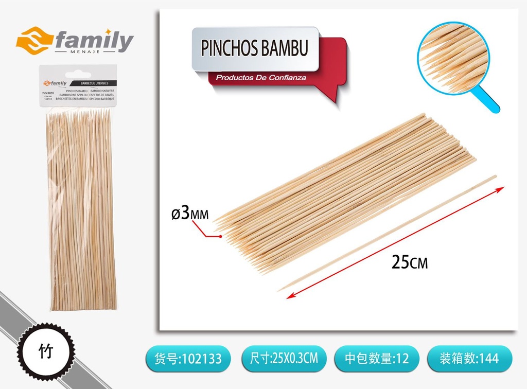Pinchitos de bambú estándar 3MM*25CM 60PCS - Accesorios para barbecue