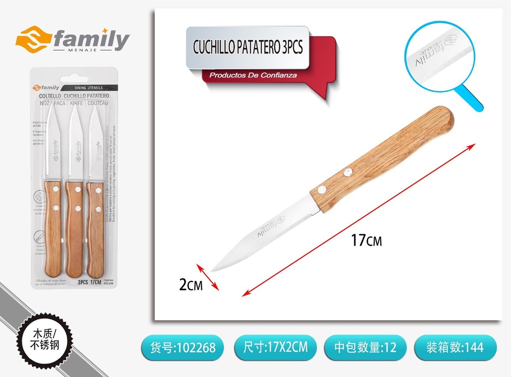 Cuchillo patatero con mango de madera 3PCS - Utensilios de cocina