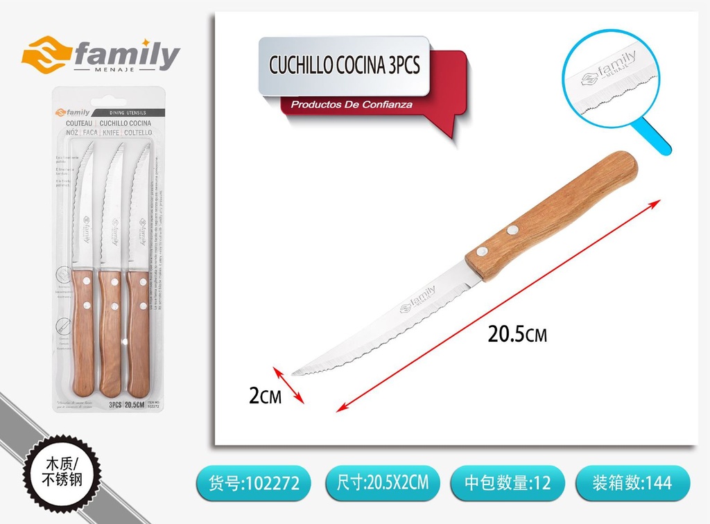 Cuchillo de cocina con mango de madera, 3 piezas - Utensilios de cocina