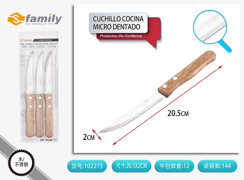 Cuchillo micro dentado de cocina con mango de madera, 3 piezas - Utensilios de cocina