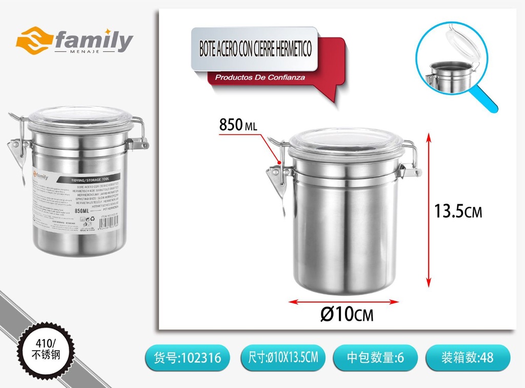 Bote de acero con cierre hermético 10x12.5cm para almacenamiento