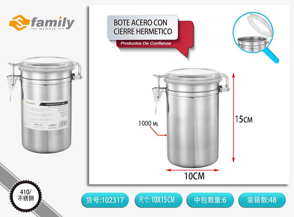 Bote de acero con cierre hermético 10x16.5cm para almacenamiento de alimentos