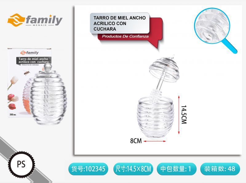 Tarro de miel ancho acrílico con cuchara 14.5*8cm para cocina