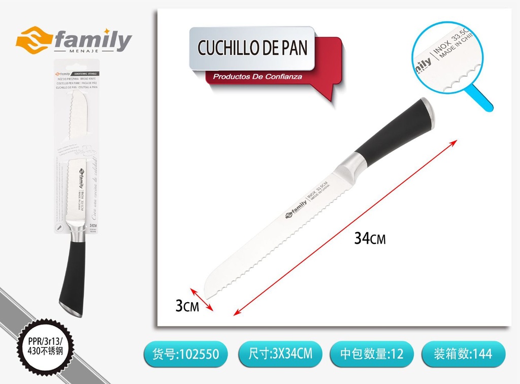 Cuchillo de pan 34cm con mango de acero inoxidable