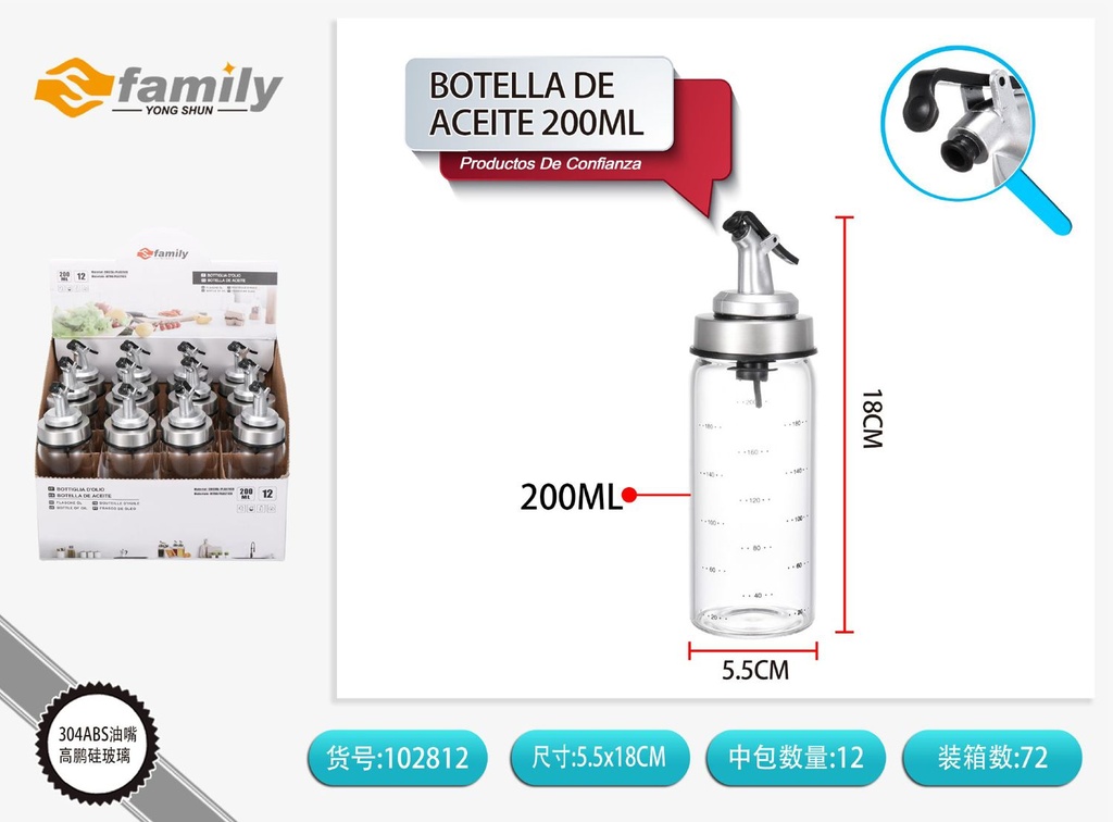 Botella de aceite 200ml con dispensador de silicona