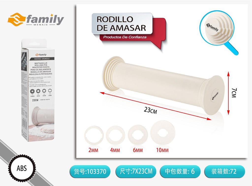 Rodillo de amasar multiuso 5.5/6/6.5/7x23.5cm