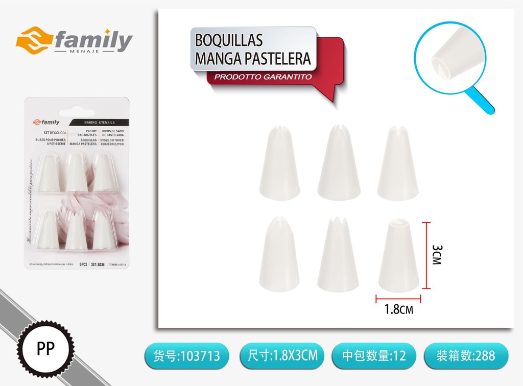 Boquillas para Manga Pastelera 3.1cm x 1.8cm - Set de 6 Piezas