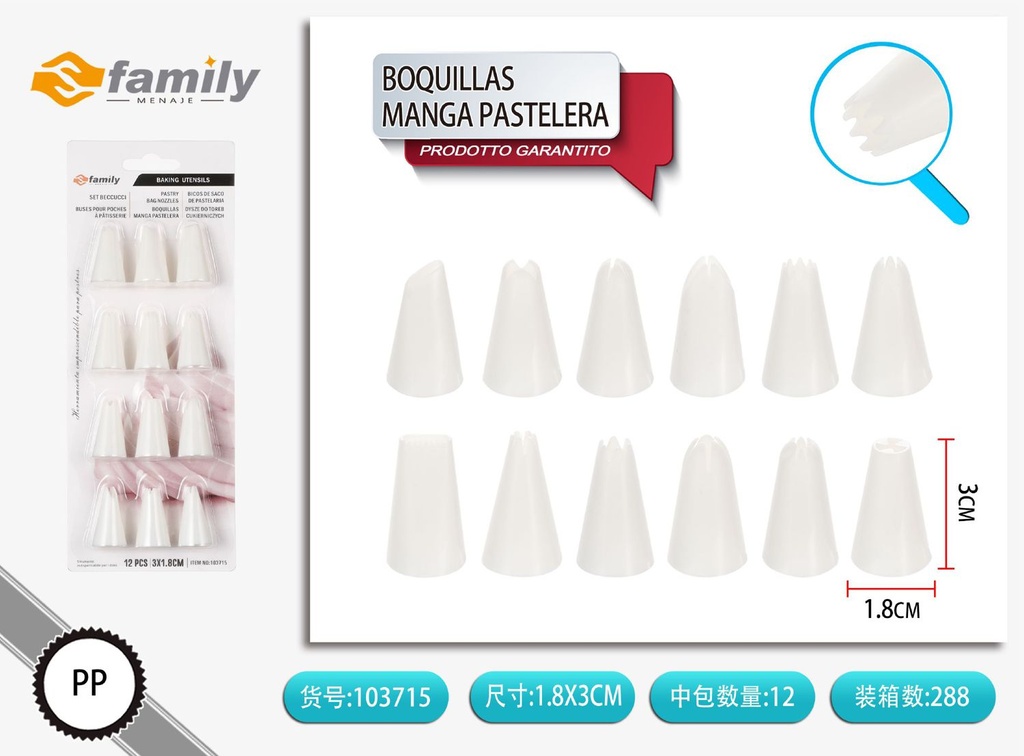 Boquillas para manga pastelera 12 pcs 3.1x1.8 cm - Utensilios de repostería