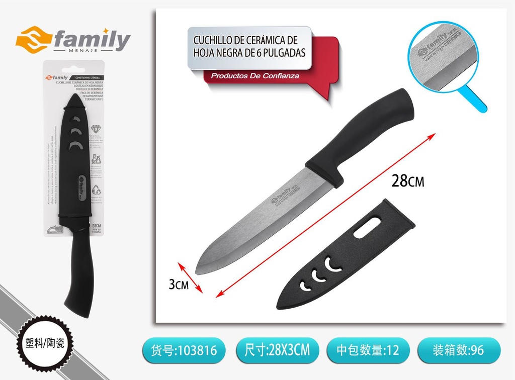 Cuchillo de cerámica de hoja negra de 6 pulgadas 14.5 cm - Utensilios de cocina