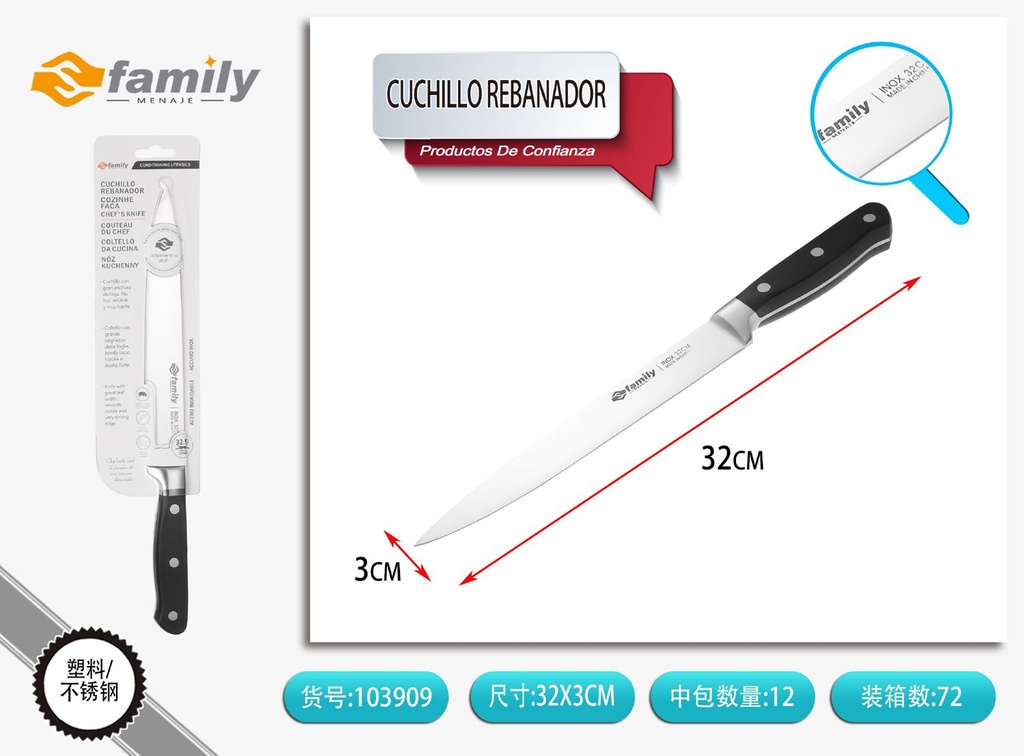 Cuchillo rebanador con mango de acero 8" para cocina