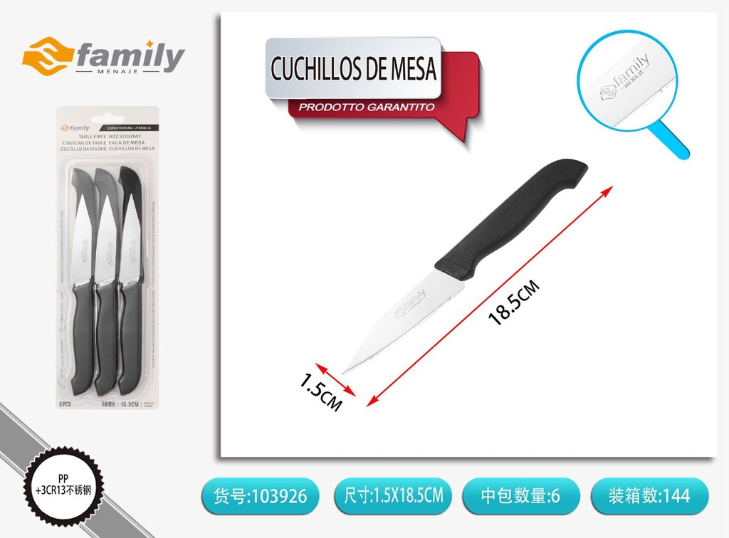 Cuchillos de mesa de PP 18.5cm 6pc - Cubiertos para mesas elegantes