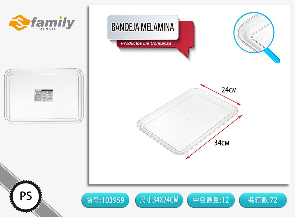 Bandeja de melamina europea 34x24cm para servir