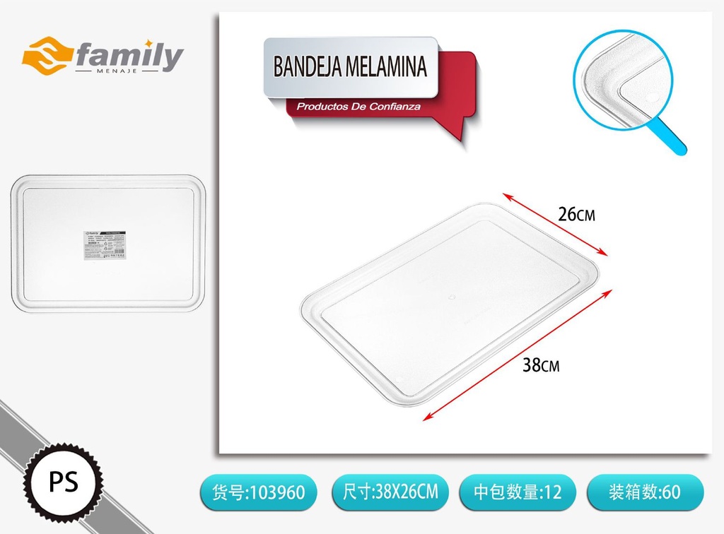 Bandeja de melamina 38x27cm para servir alimentos