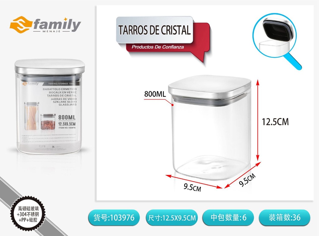 Tarro de cristal con tapa de acero inoxidable 800ml para almacenamiento