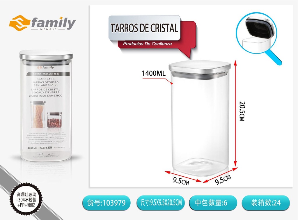 Tarro de cristal con tapa de acero inoxidable 10x21cm 1400ml