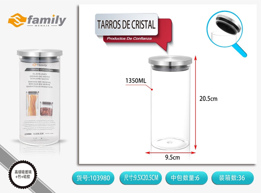 Tarros de cristal con tapa de acero 95x210mm 1350ml para almacenamiento