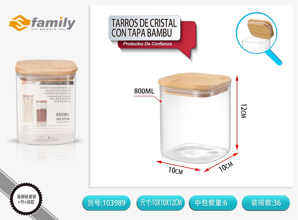 Tarro de cristal con tapa de bambú 800ml para almacenamiento de cocina