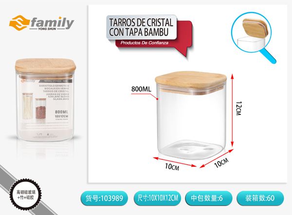 Tarro de cristal con tapa de bambú 800ml para almacenamiento de cocina