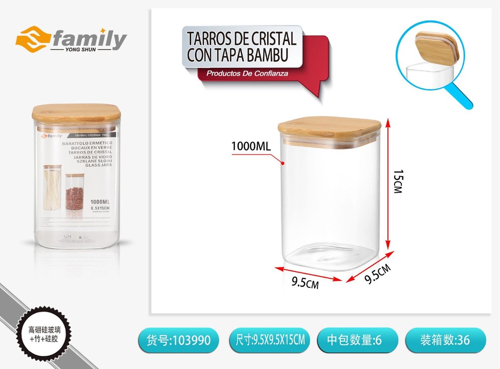 Tarros de cristal con tapa de bambú 10x16 cm 1000 ml - Almacenamiento de cocina