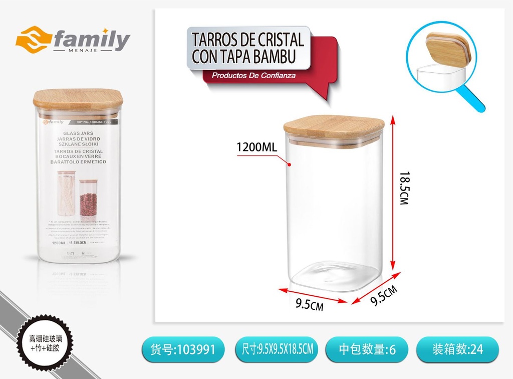 Tarro de cristal con tapa de bambú 10x19cm 1200ml para almacenamiento