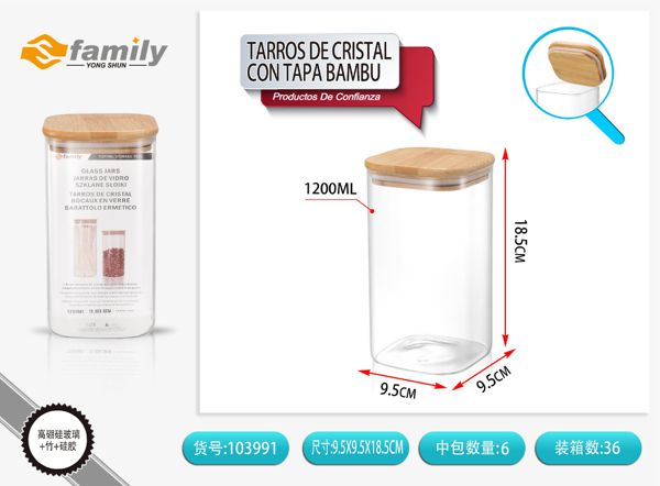 Tarro de cristal con tapa de bambú 10x19cm 1200ml para almacenamiento