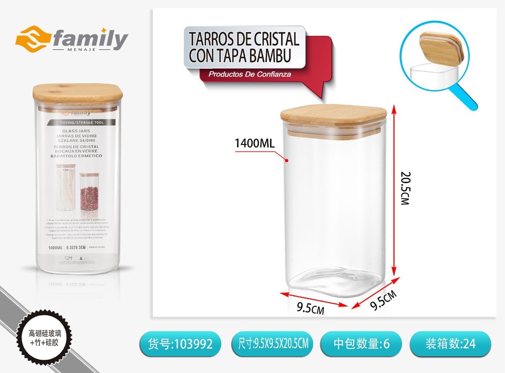 Tarros de cristal con tapa de bambú 10*21cm 1400ml - Utensilios de cocina