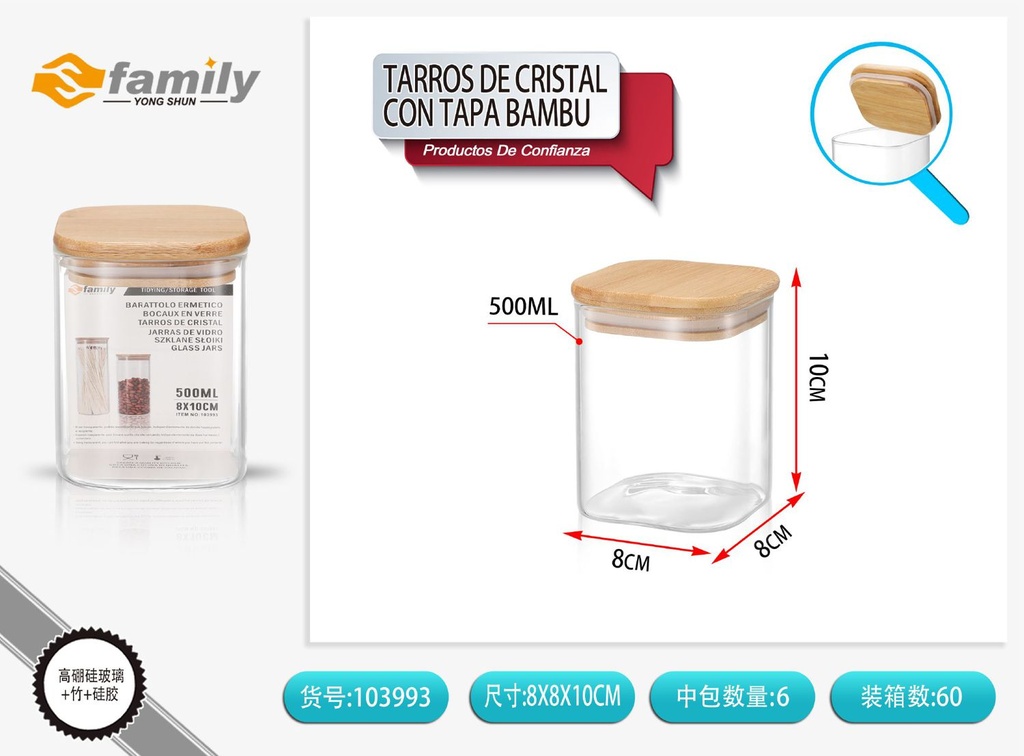 Tarro de cristal con tapa de bambú 500ml para cocina