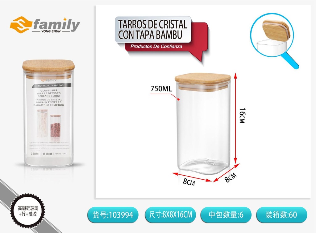 Frasco de cristal con tapa de bambú 750ml