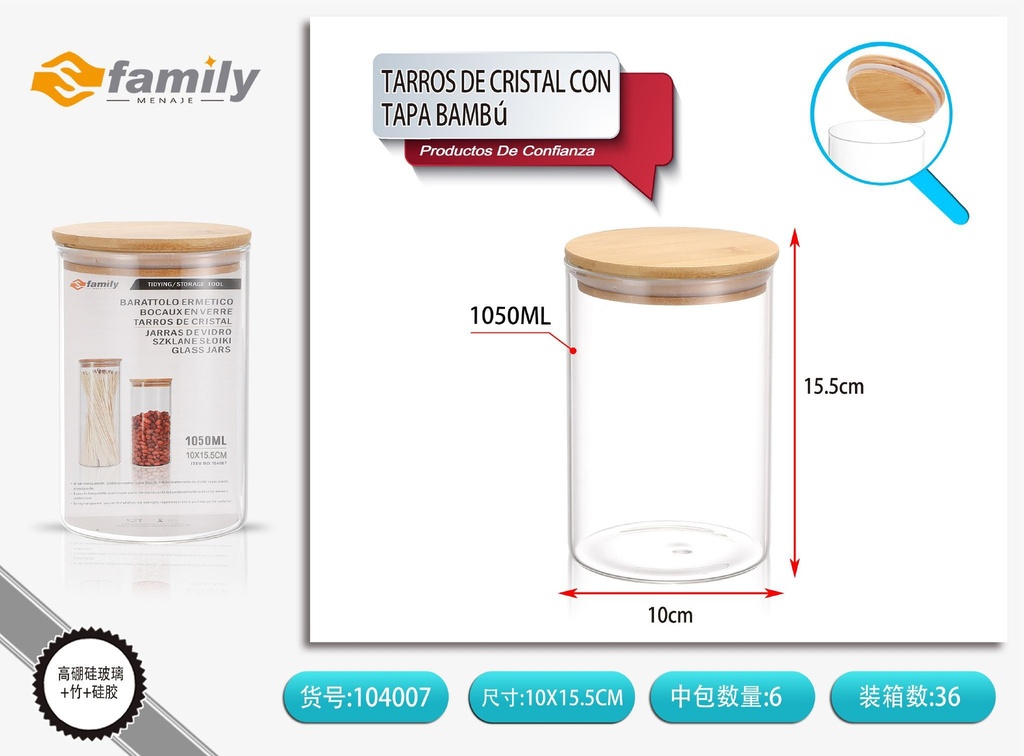 Tarros de cristal con tapa bambú 100x160 mm 1050 ml - Almacenamiento de cocina