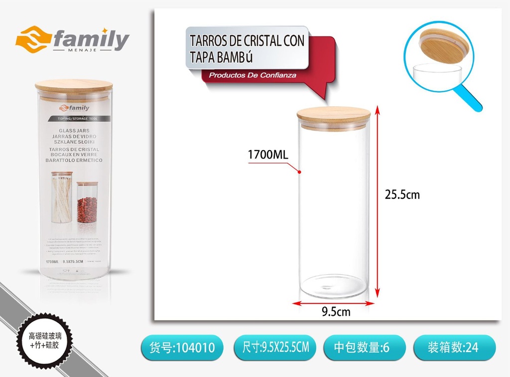 Tarro de cristal con tapa de bambú 100x260mm 1700ml almacenamiento de alimentos