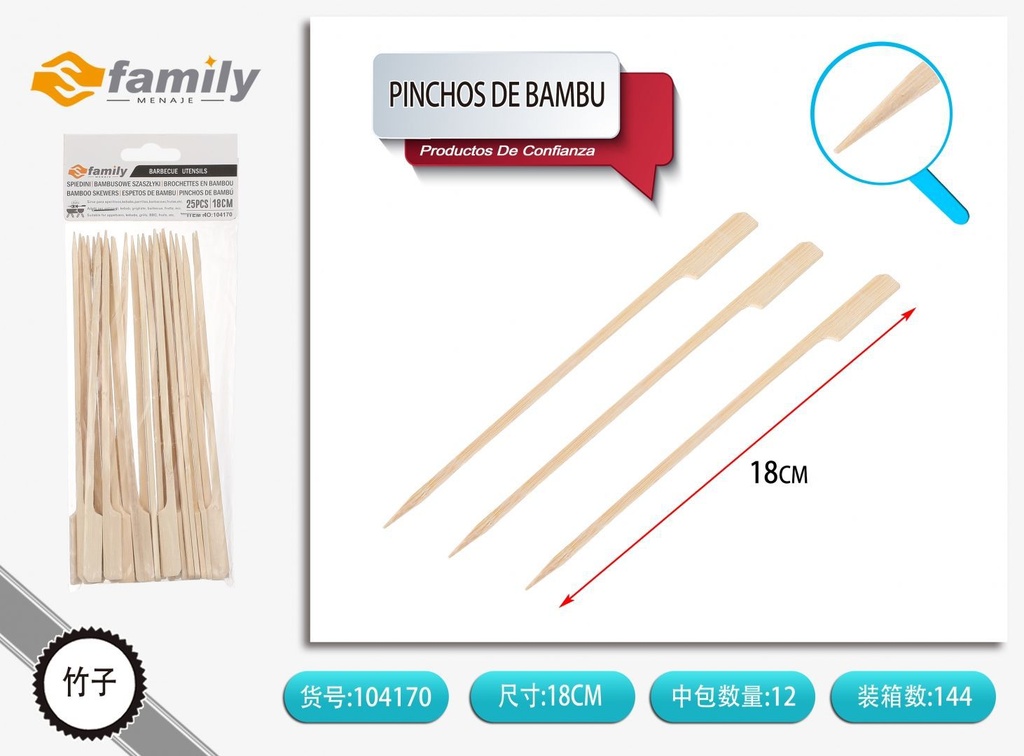 Pincos de bambú 18cm 25pcs para barbacoa