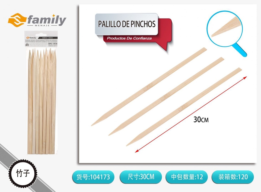 Palillos para pinchos de barbacoa 30cm 20 piezas