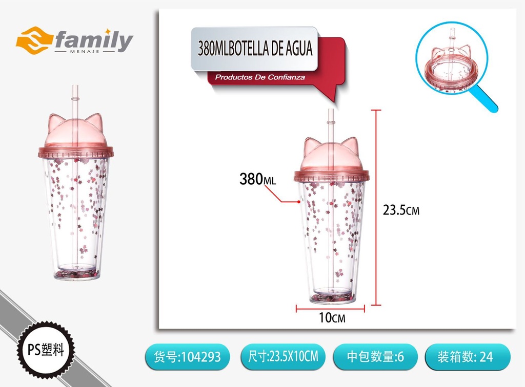 Botella de agua con tapa de gato 380ml para bebidas