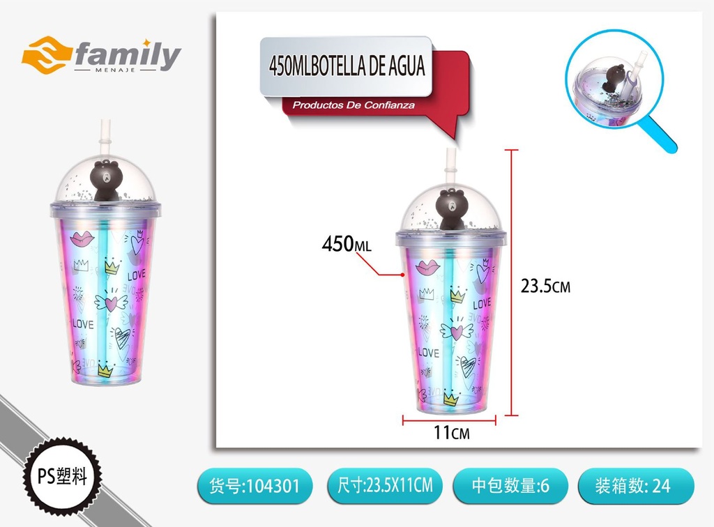 Botella de agua 450 ml con doble capa y diseño de corazón - Utensilios