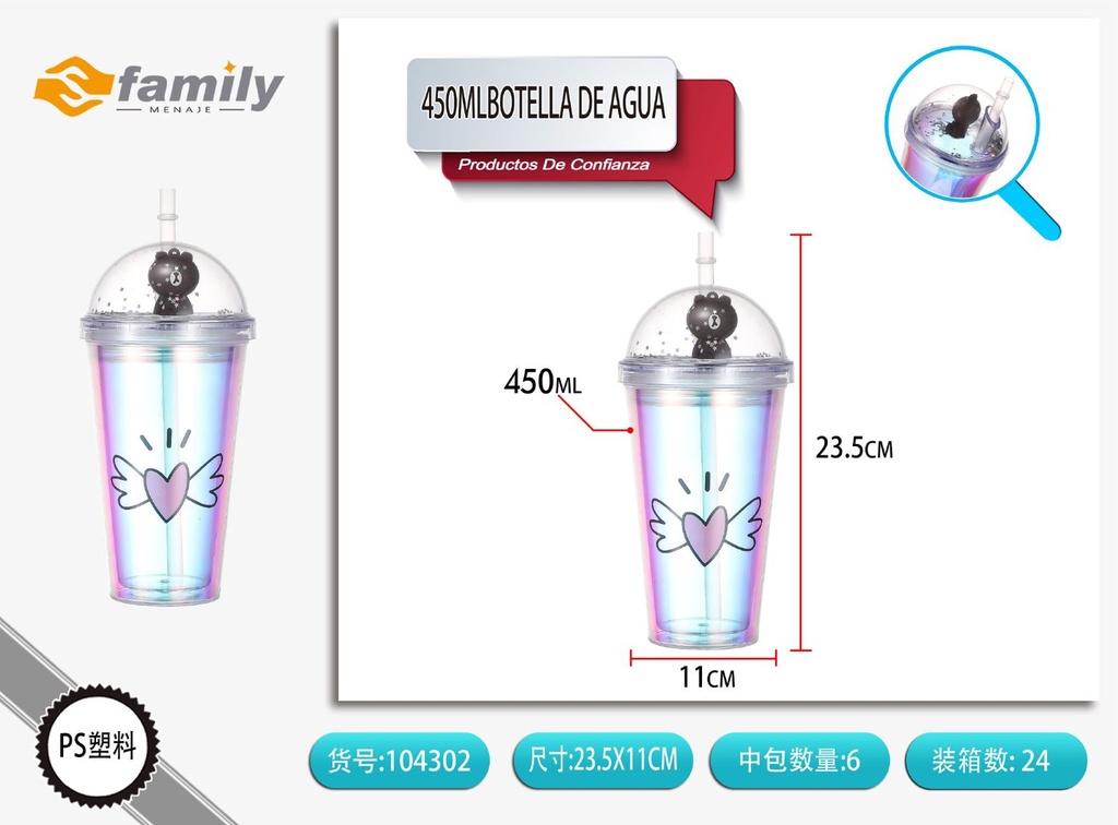 Botella de agua 450 ml con doble capa y diseño de corazón - Utensilios