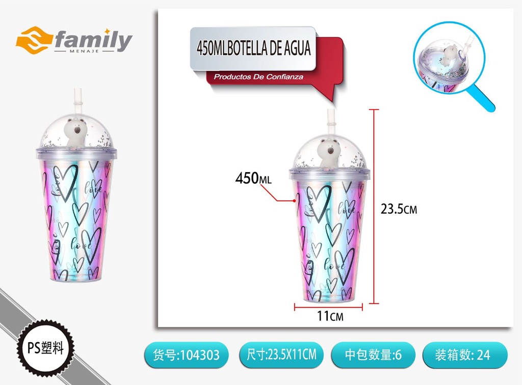 Botella de agua de 450ml con pajita y diseño láser