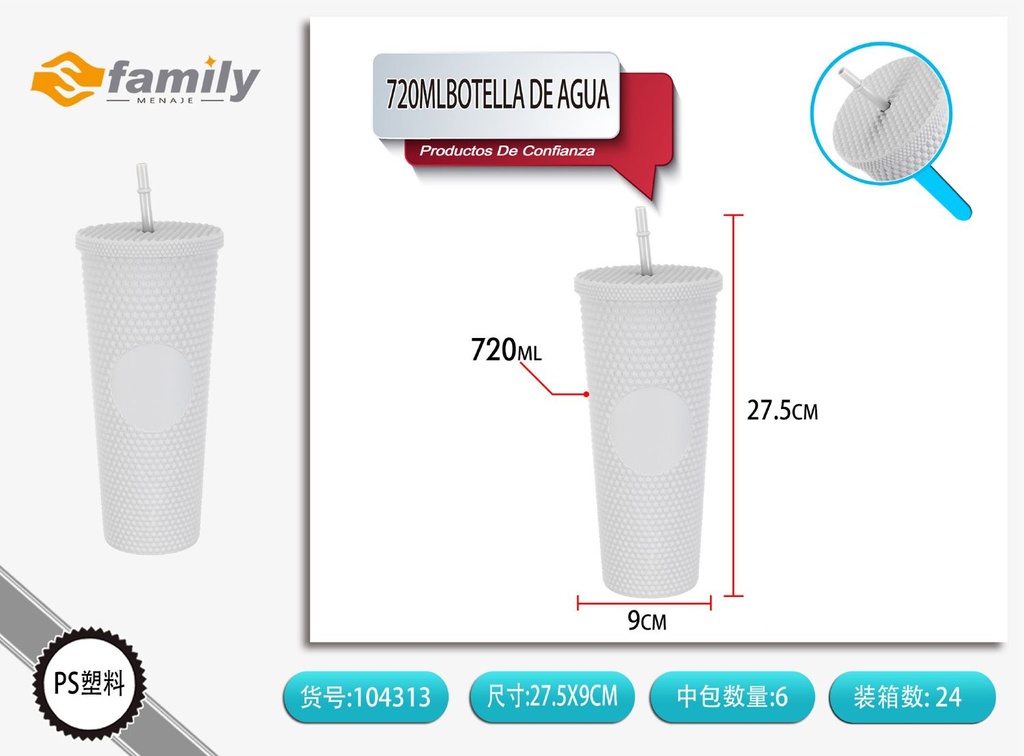 Botella de agua con pajita 720ml para hidratación