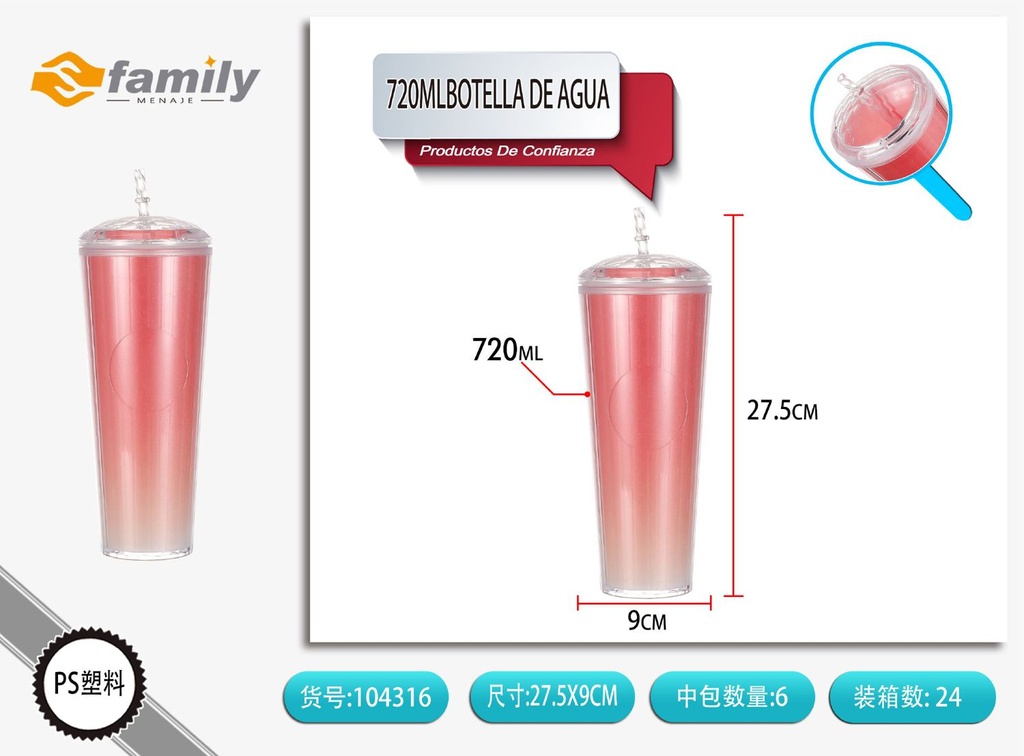 Botella de agua con pajita 720ml de plástico