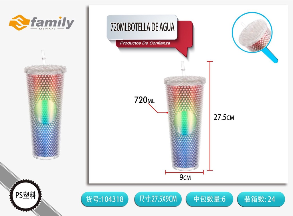 Botella de agua con doble capa y pajita 720ml para bebidas