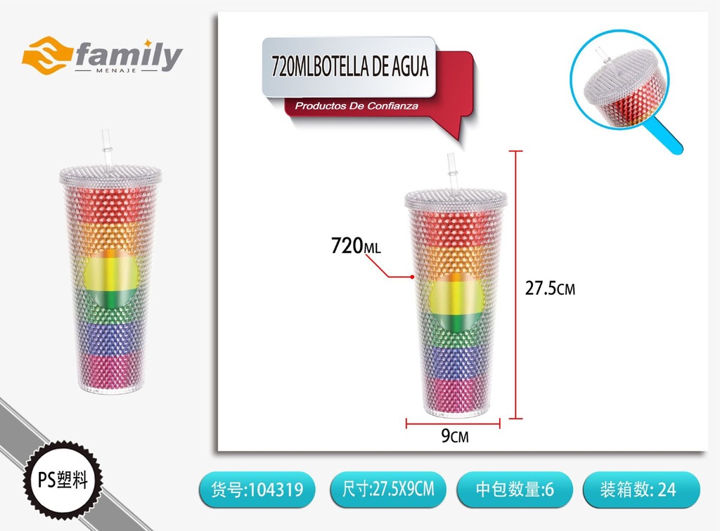 Botella de agua con pajilla 720ml para bebidas