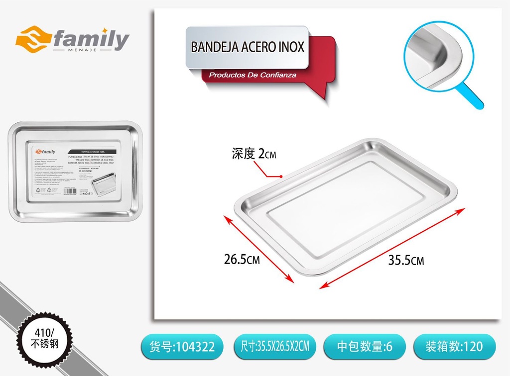 Bandeja de acero inoxidable 36x27x2cm para cocina