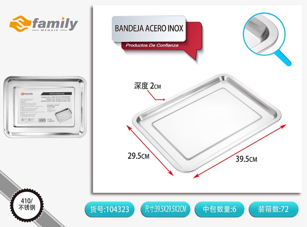 Bandeja de acero inoxidable con borde magnético 40*30*2 cm - Utensilios y bandejas para servir