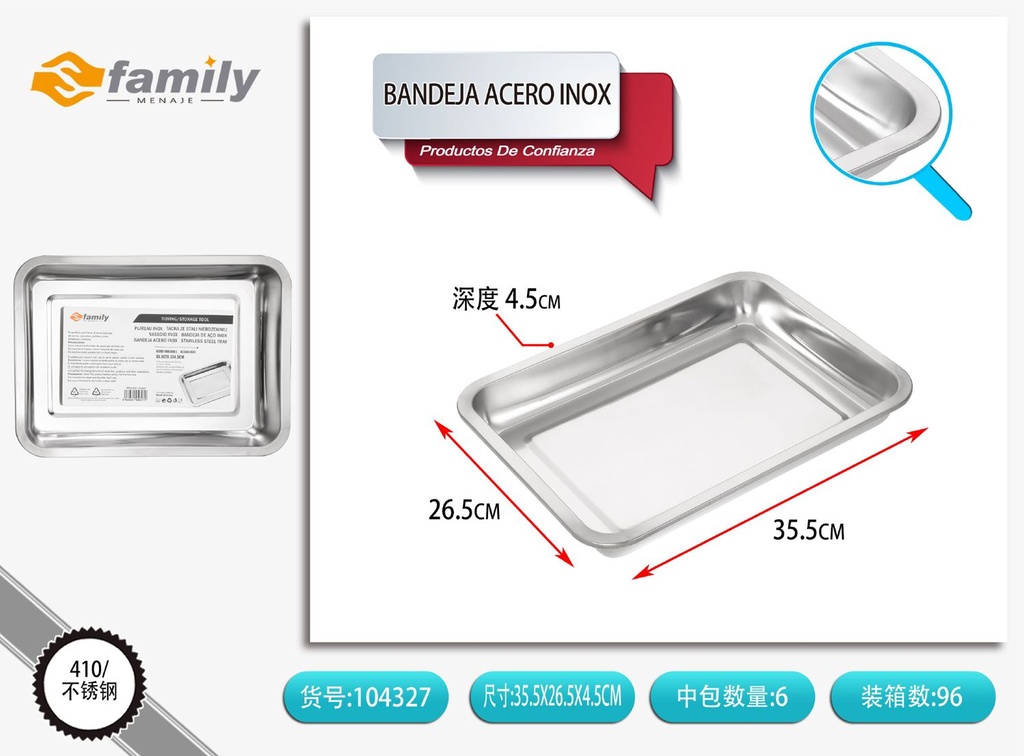 Bandeja de acero inox 36x27x4.8cm