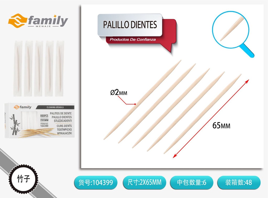 Palillos de dientes 65mm 800 unidades para higiene bucal y cocina