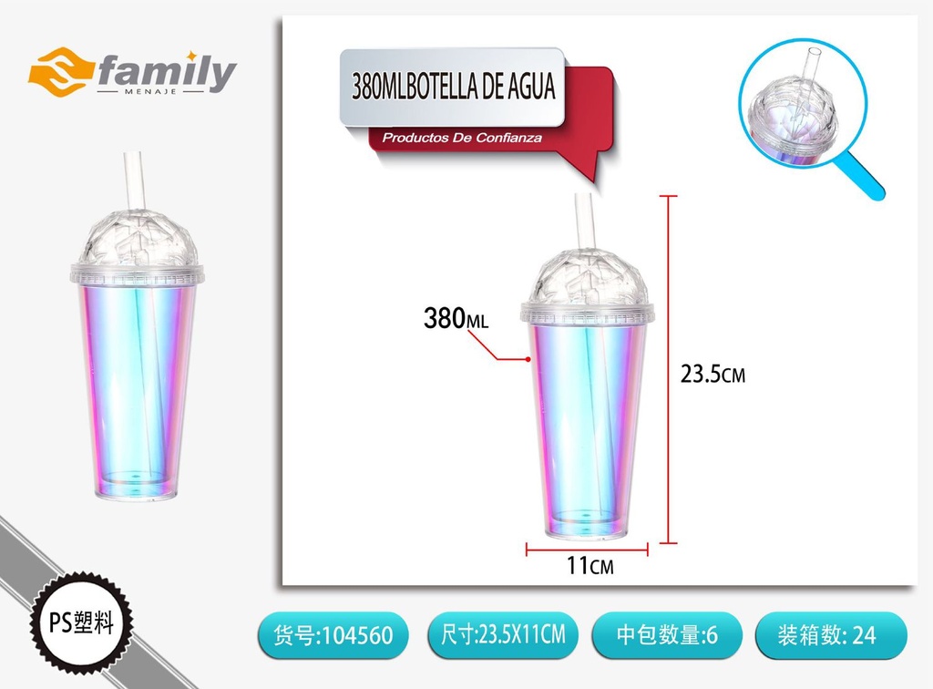 Botella de agua con tapa y pajita 450ml para bebidas